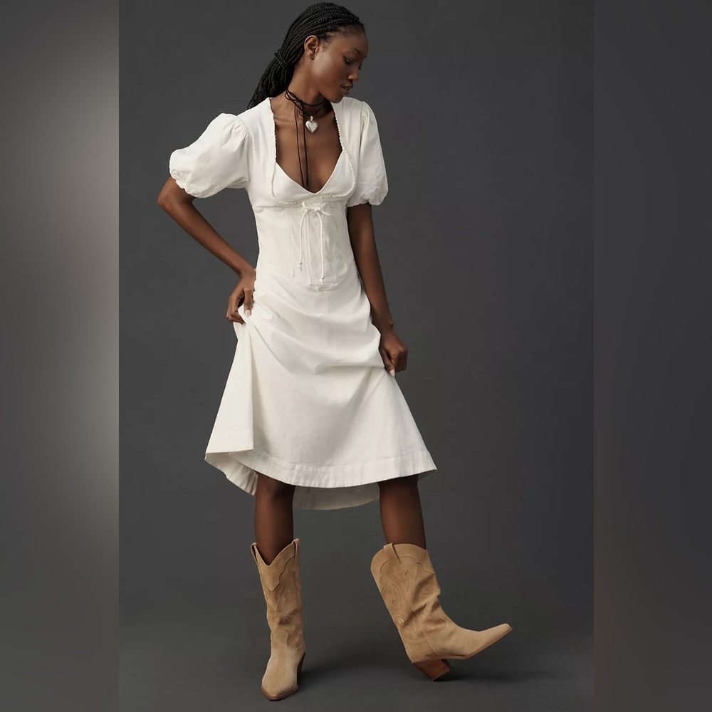 Maeve Puff-Sleeve Corset Linen Midi Dress